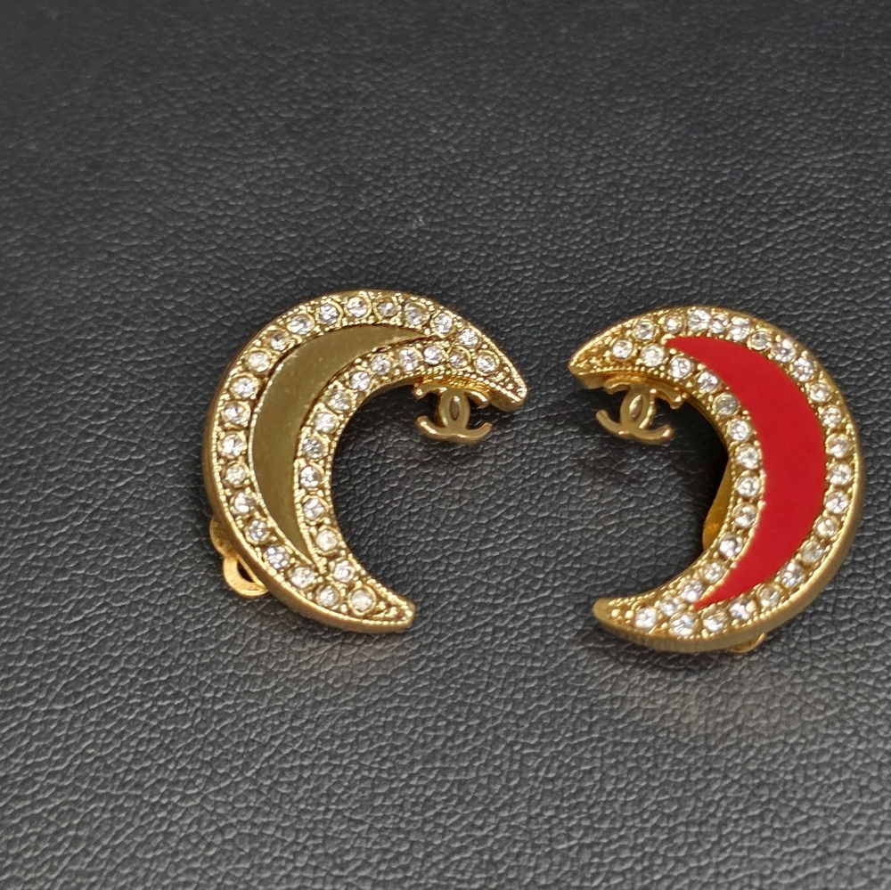 CHANEL Gold and Red Crescent Earrings